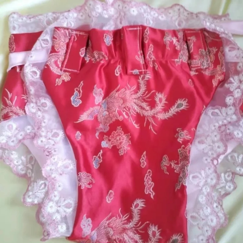 رجل مثير مزدوجة الطبقات الساتان ملخصات الدانتيل والتطريز لينة حريري اللمس امرأة قابل للتعديل حزام السراويل ملابس تنكرية للحفلات الخاصة