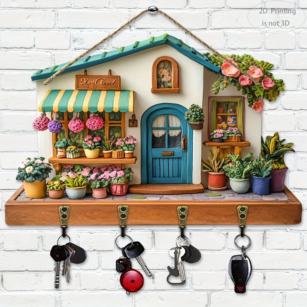 2D Planar Cute Villa Wooden Multi-functional Home Key Holder 12in Four Metal Hooks Key Hangers Wall Porch Room Decorate