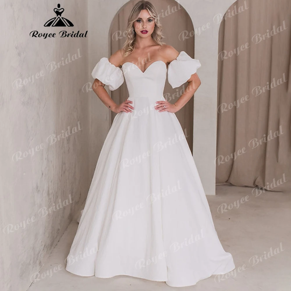 Strapless Sweetheart Crepe Wedding Dress Detachable Puff Sleeves A-Line Bridal Gown with Low Open Back Customized