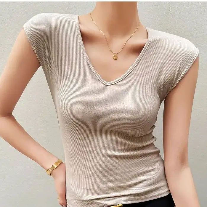 T-shirt coréen à manches filetées pour femmes, chemise astronomique mince, col en V, initié positif, fibre intérieure, conçu pour couvrir le toucher