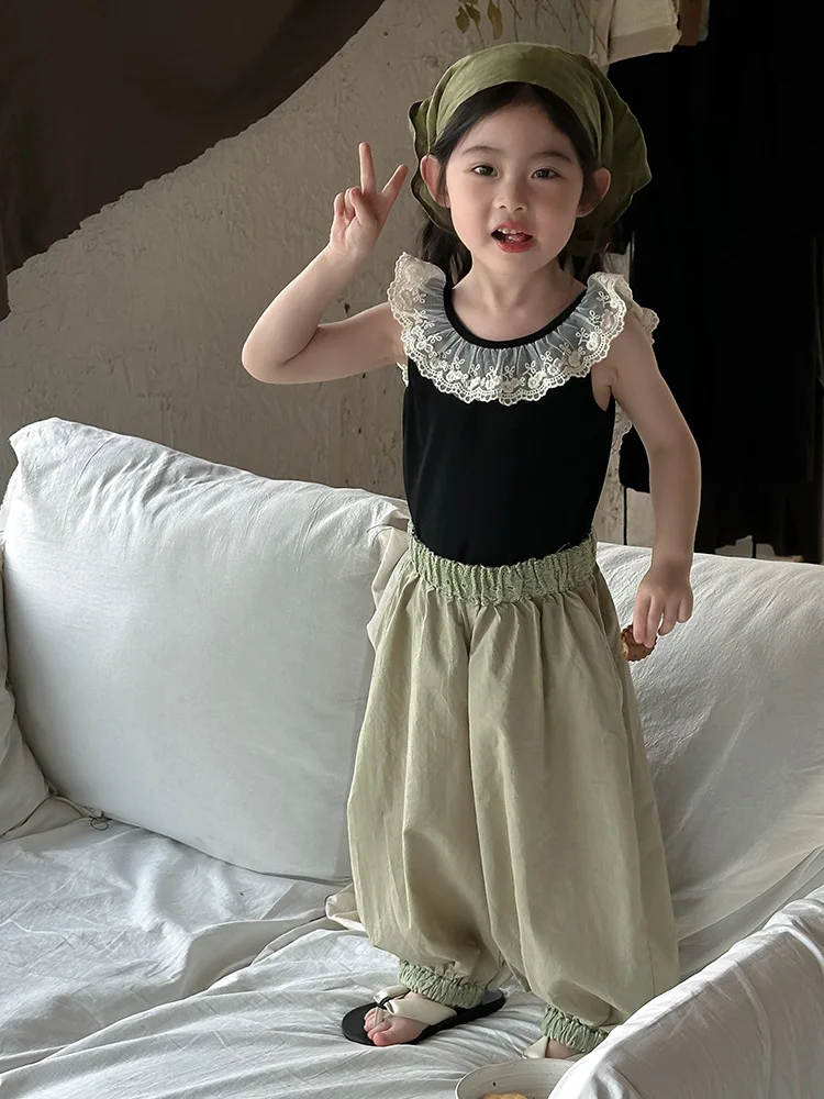 Girls T-shirt 2024 Summer New Korean Sleeveless Vest Lace Casual Simple Fashion Loose Sweet Active Vintage Spliced Pleated Cute