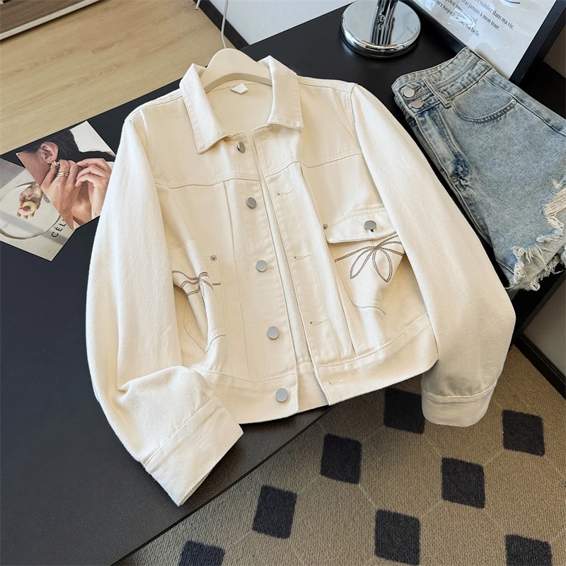

Korean Vintage Embroidery Big Pocket Denim Jacket Women Spring Autumn Loose Casual Lapel Long Sleeve Female Student Basic Coat