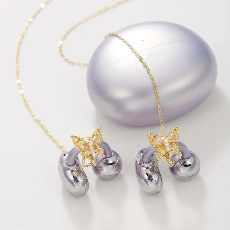 ㉻Clip On Open Ear Wireless Earbuds With Butterfly Crystal With Chain Decor Comfortable For Daily Use Gifts