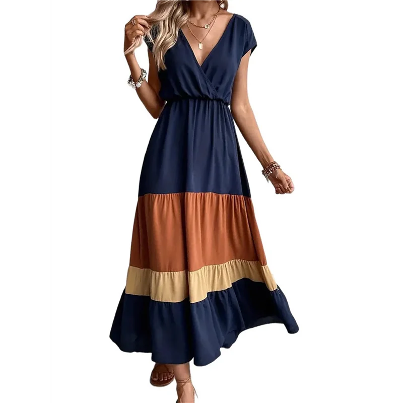 【SEE】Damen-Party-Farbblock-Kleid, hohe Taille, kurze Ärmel, Maxi-Kleid mit V-Ausschnitt, lässiges Kleid mit gerafftem Rüschensaum