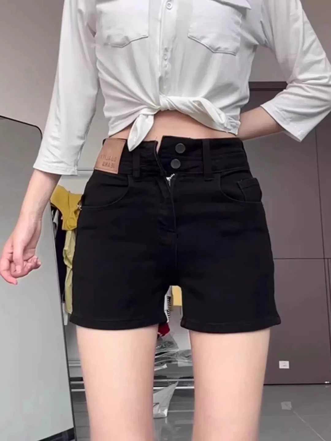 

Black Denim Short Shorts Women's Summer Thin A-Line plus Size Elastic Slimming Small Size High Waist Straight Leg Jeans