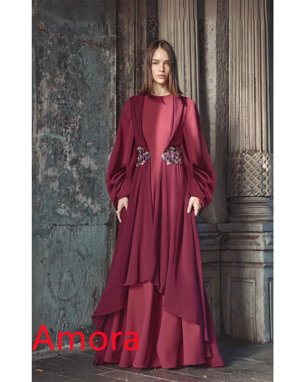 Темпераментное бордовое вечернее платье из джерси по индивидуальному заказу, изысканное платье с круглым вырезом и длинными рукавами, со шлейфом, платья для особых случаев на заказ