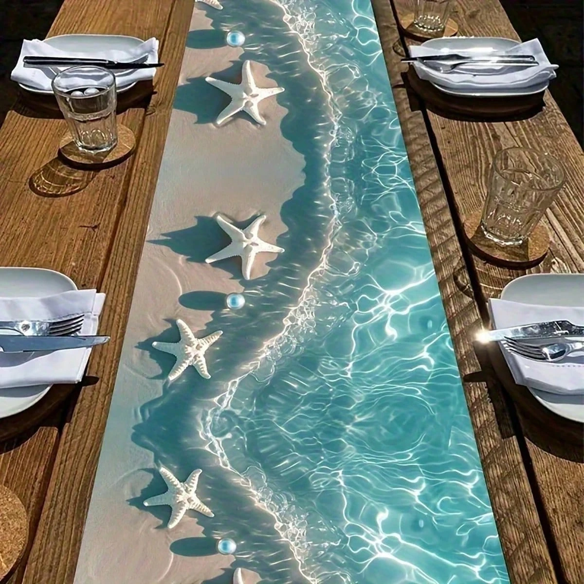 1pc Nautical Starfish Table Runner, Ocean Theme Non-Slip Pol