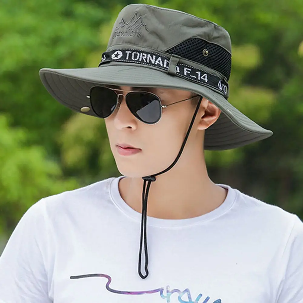 

Fashion Breathable Climbing Hiking Letter Mesh Bucket Hat Man Sun Hat Cotton Large Brim Cap