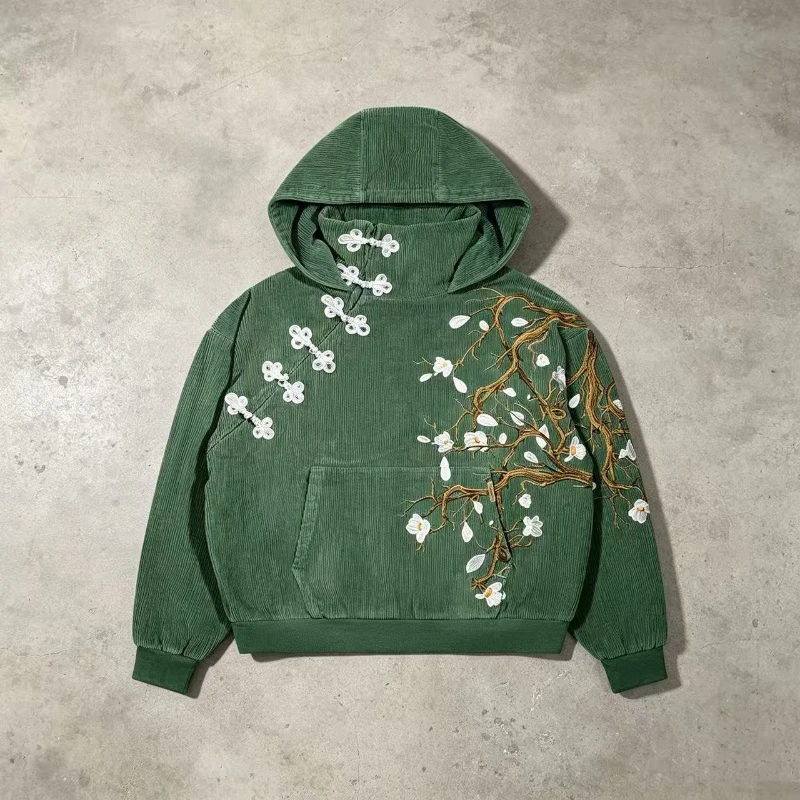 Y2K Harajuku Magnolia Bonsai Hoodie Frog Button Floral Embroidery Corduroy Sweatshirt Retro Casual Streetwear Unisex Boxy Jacket