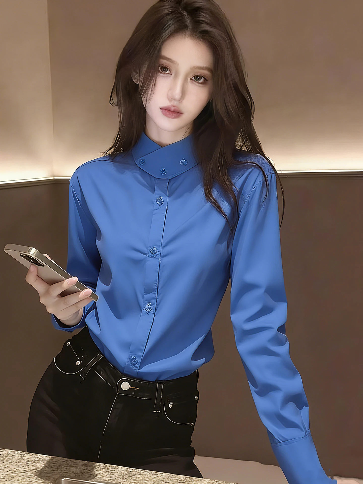

Fashionable Pure Color Long Sleeve Commute Shirt Women's Versatile Basic Design Spring 2026 Korean Style Casual Top