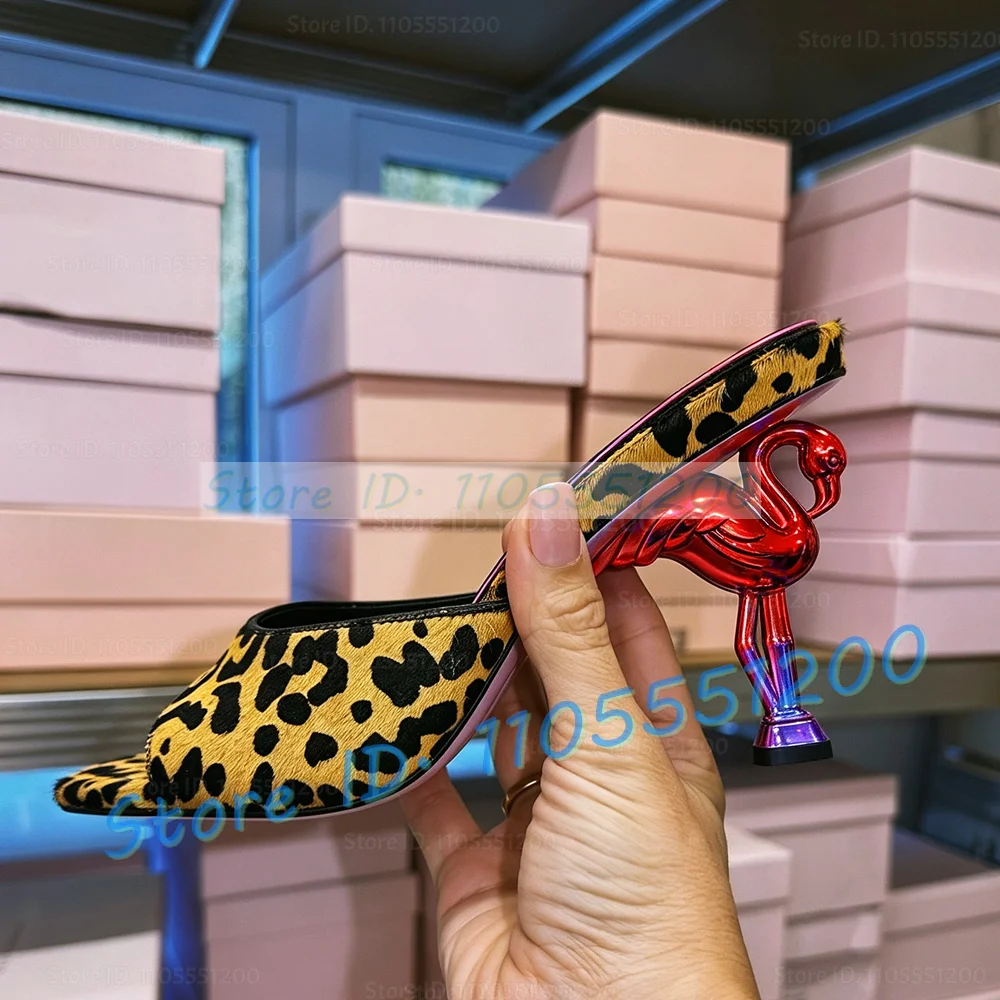 Pink Flamingo Sculpture Heel Leopard Mules Women Trendy Open Toe Mixed Colors Strange Heel Shoes Custom Color Brown Slippers