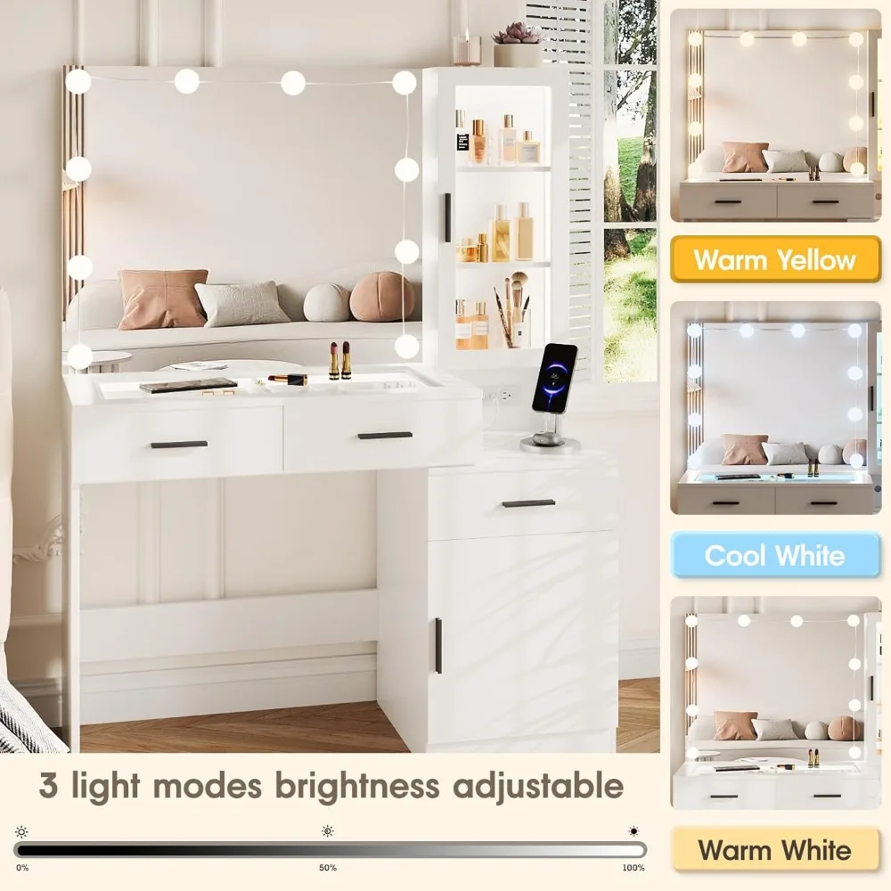 โต๊ะเครื่องแป้งขนาด 43 นิ้ว พร้อมท็อปกระจก, โต๊ะเครื่องแป้งสีขาวพร้อมกระจกและไฟ & แท่นชาร์จ, ชุดโต๊ะเครื่องแป้งพร้อมไฟ RGB