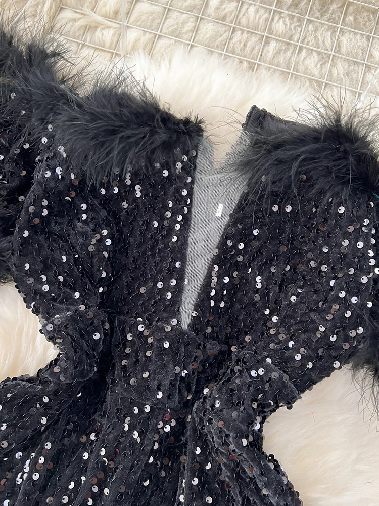 Women Off Shoulder Elegant Plush Spliced Sequins Top Light Luxury Temperament High Waist Wide Leg Pants Jumpsuit - Image 5