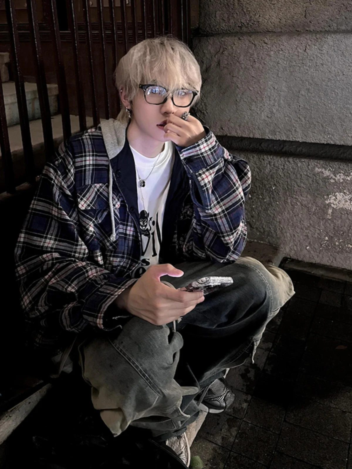 

Blue Plaid Hooded irt Men's Autumn Teenage Trendy Brand Cheered Casual Outerwear Loose Fit Youthful Sle Long Sve