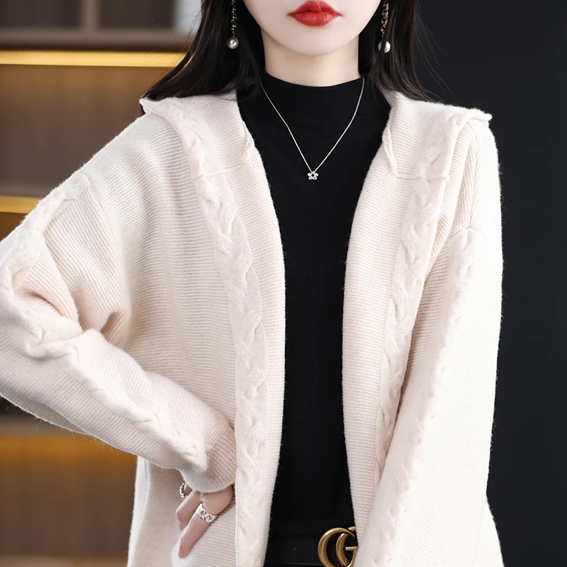 2023 Spring New Cashmere Cardigan Women's Korean Casual Knitted Jacket 100% Pure Wool Loose Fashion Hooded Cardigan Coat Sweater