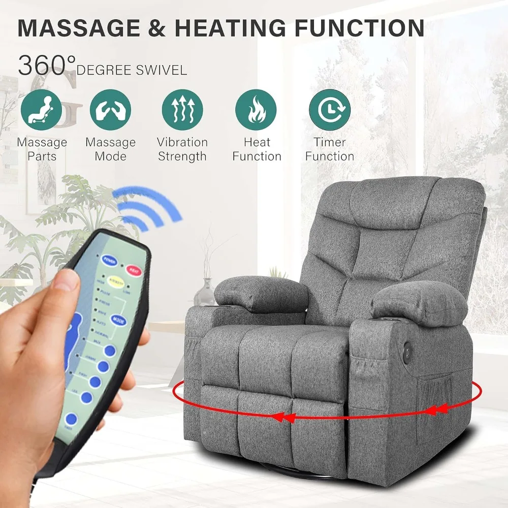 Cadeira reclinável giratória com massagem, calor, suporte para copos e porta USB, cinza