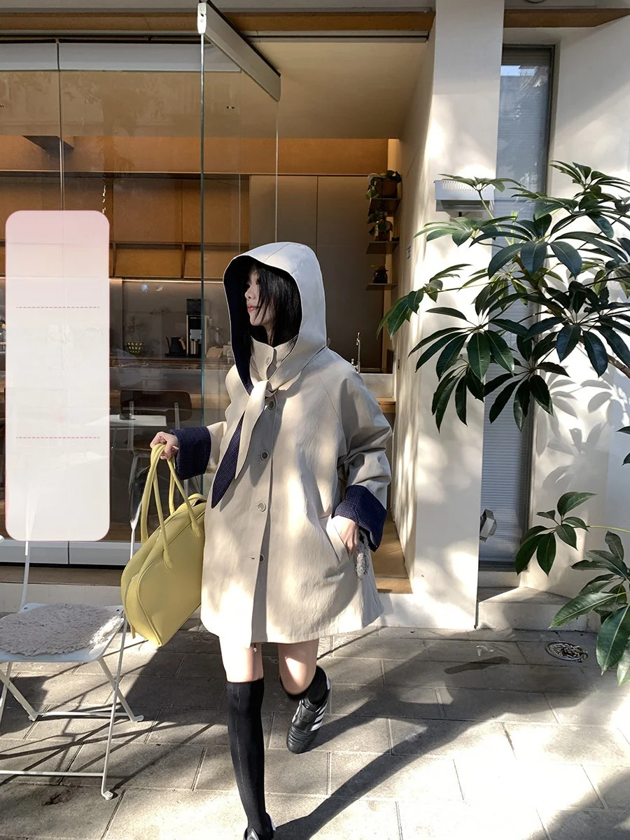 

Detachable Rabbit Ear Hat Stand Collar Mid-Length Coat Shape Single Row Button Open Cardigan Outerwear Elegant Women's Windbr...