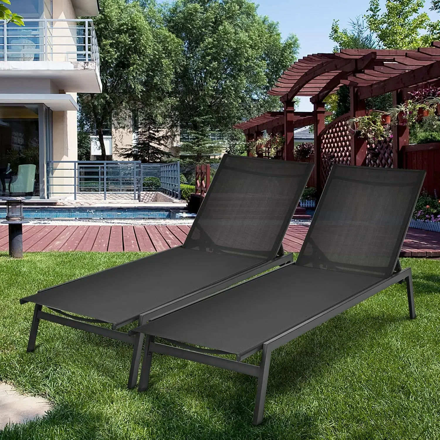 Adjustable Tanning Lounge Chair w/ 6-Position Backrest, Breathable Fabric for Poolside, Backyard, Garden, 2-Pack, Customized