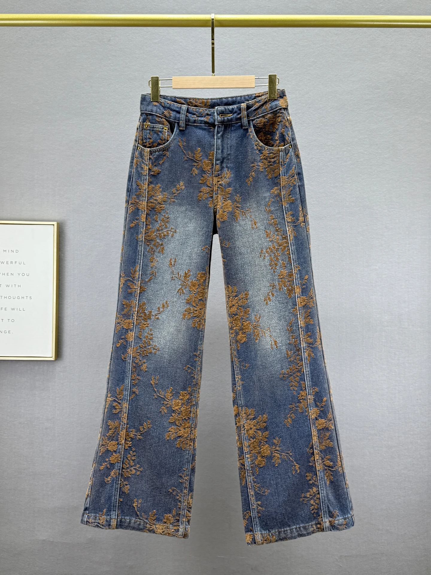 

High Waist Fce Lined Wide Leg Denim Pants Women's Winter New Sle Vintage Floral Embroidery Long Trousers Slimming Effect