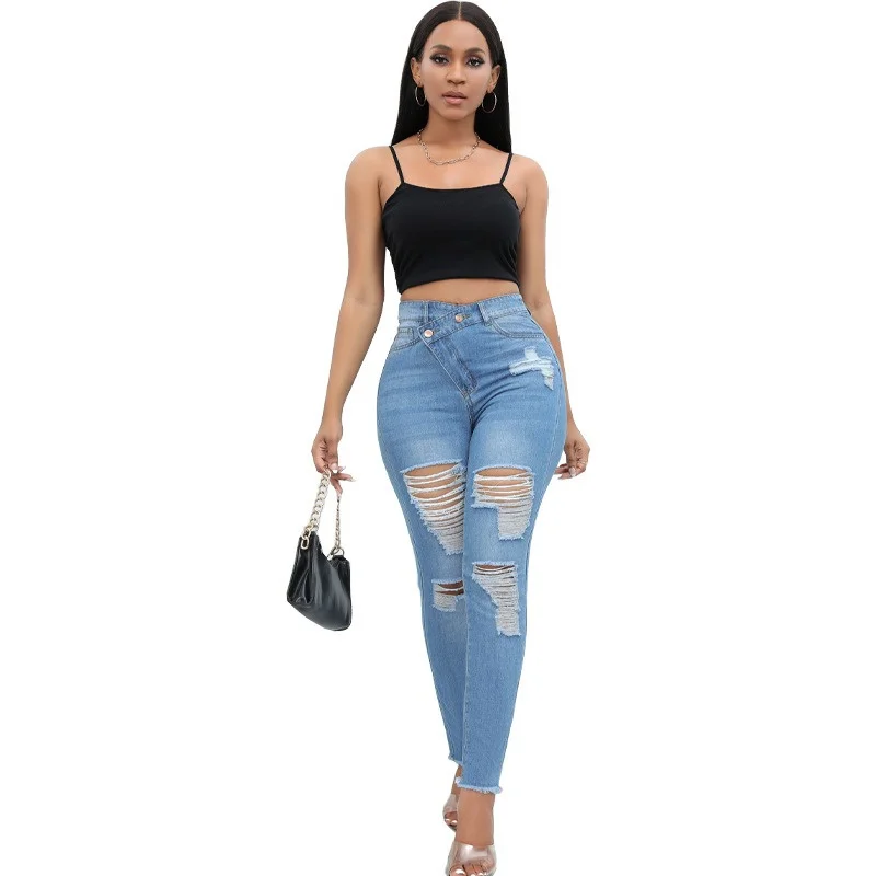 Nowe seksowne damskie z wysokim stanem wąskie porwane jeansy modne spodnie spodnie ołówkowe ze strechu modny czarny legginsy Jeans Plus Size