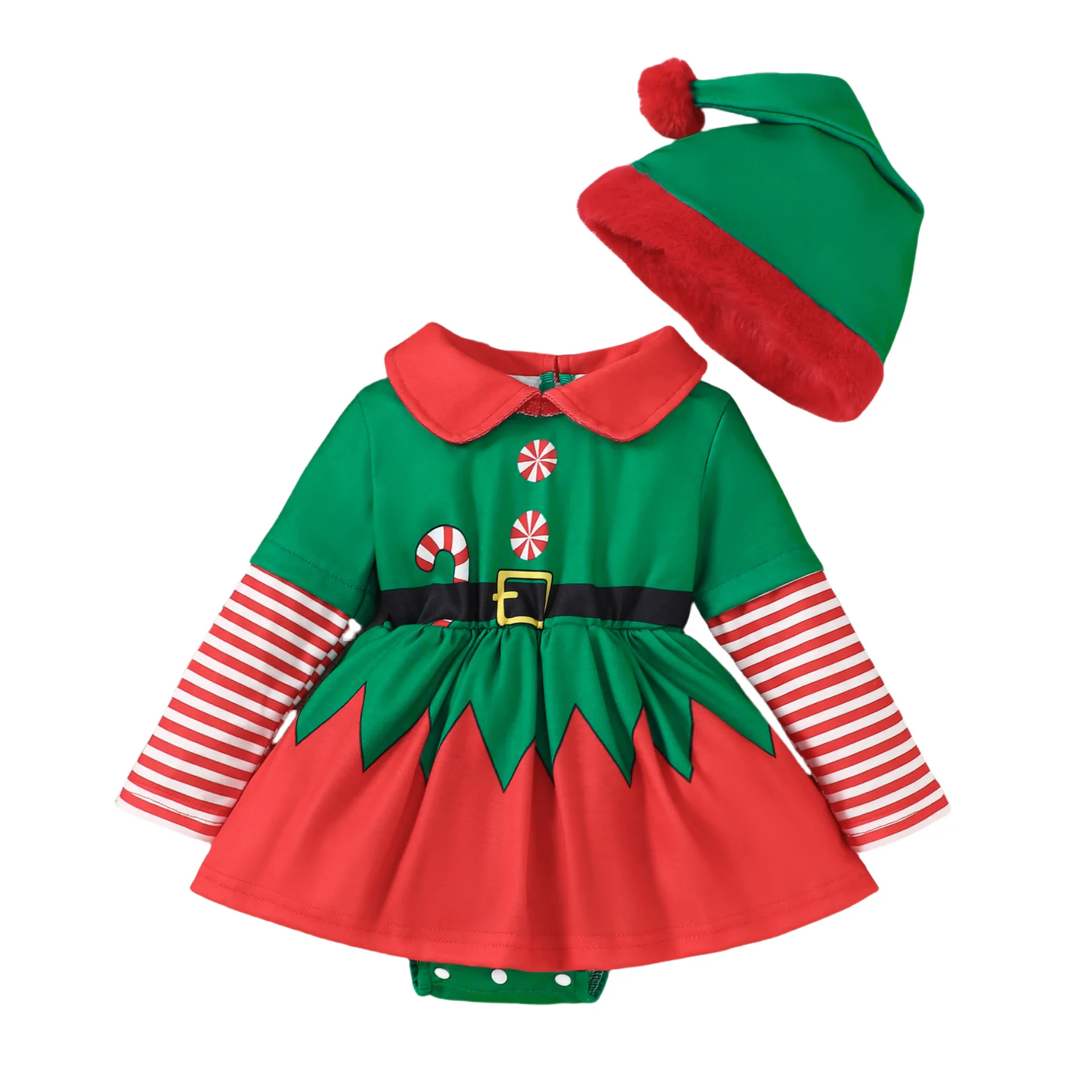 

MINISO Christmas Costume Girl Outfit Striped Patchwork Long Sleeve Print Turn Down Collar Triangle Romper Hat Kawaii 0-1 Years