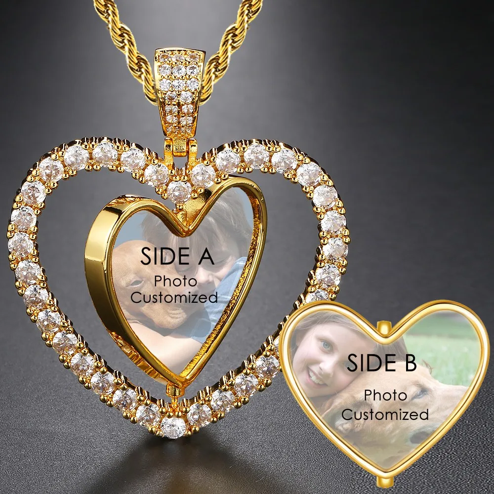 Foto Disesuaikan Kalung Liontin Hati Berongga Putar Dua Sisi Rantai Leher Es Keluar untuk Wanita Pria Hadiah Perhiasan Warna Emas Mewah