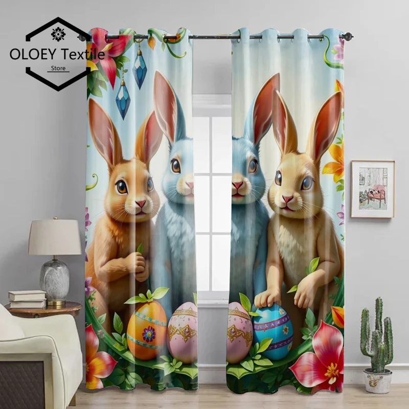 

Enchanted Bunny Rabbits Curtains - Floral Meadow Digital Print Blackout Thermal Drapes for Nursery Playroom Decor Custom Image