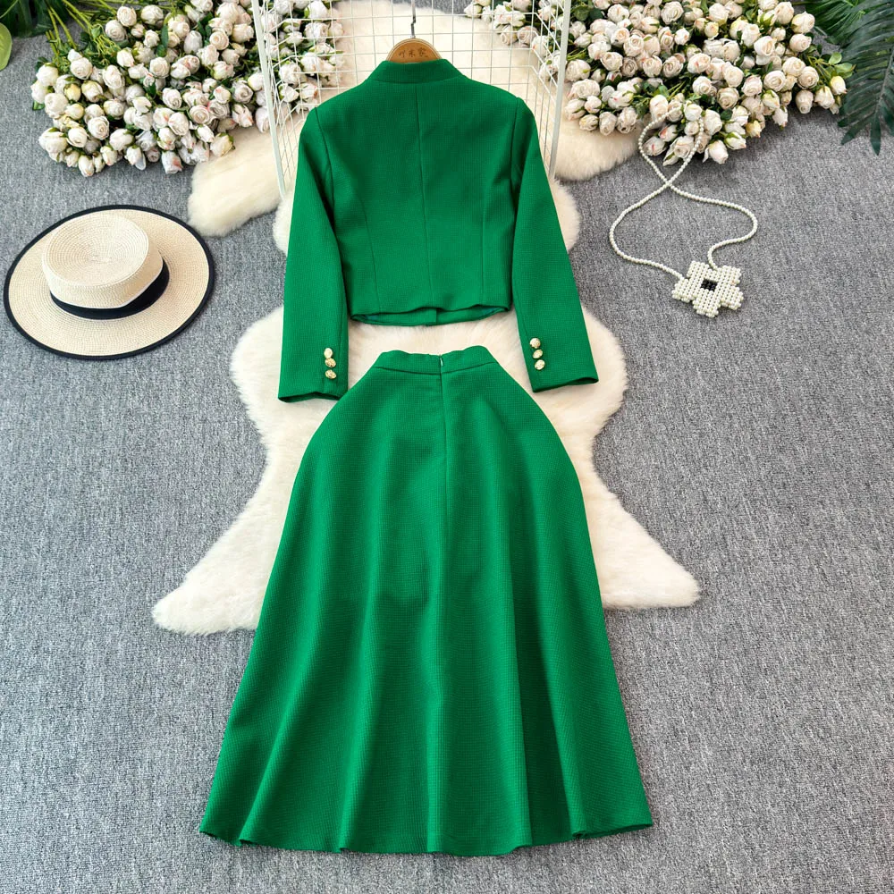 Autumn Winter Casual Professional Two Piece Skirt Suit for women Long Sleeve Single Breasted Work Office Basic Coat+A Line Skirt