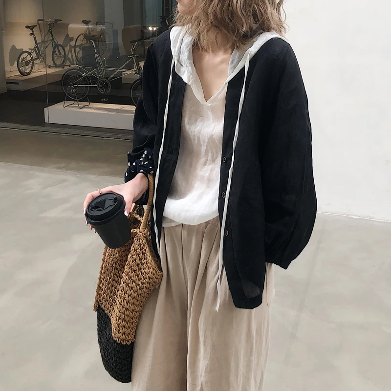 

New Chinese Sle V-Ne Light Weight Loose Cotton irt Spring Summer Retro Outerwear Slimming Large Size Button Detail