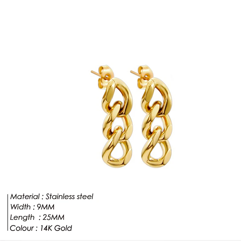 Fashion Punk Stainless Steel Link Chain Stud Earrings for Women Cuban Gold Plated Dangle Rock Earrings Jewelry Gift Wholesale