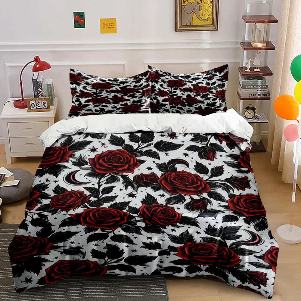 Red Roses Black Leaves Moon Pattern Print Bedding Set 1 Duvet Cover 2 Pillowcases for Adult and Children Luxury Gift Full Size
