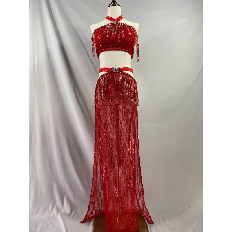 تخصيص الرقص الشرقي الياقوت الأزرق هامش صغير الترتر تنورة طويلة مجموعة الرقص الشرقي معلقة الرقبة كامل الماس حورية البحر زي