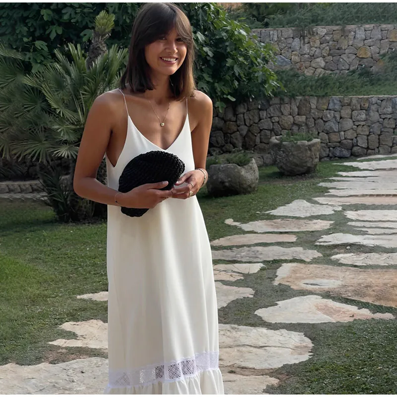 

Elegant Women's Backless Satin Maxi Dress Casual Loose V Neck Side Splited Strap Robe 2025 Summer Female Vacation Beach Sundress