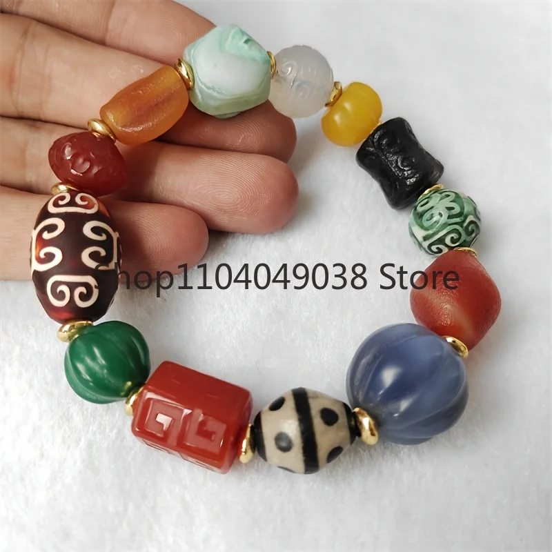 Colorful Patterned Carved Multi Precious Beads Agate Bracelet Hand Carved Sky Eye Bracelet High Oil Agate Bracelet Glass Beads
