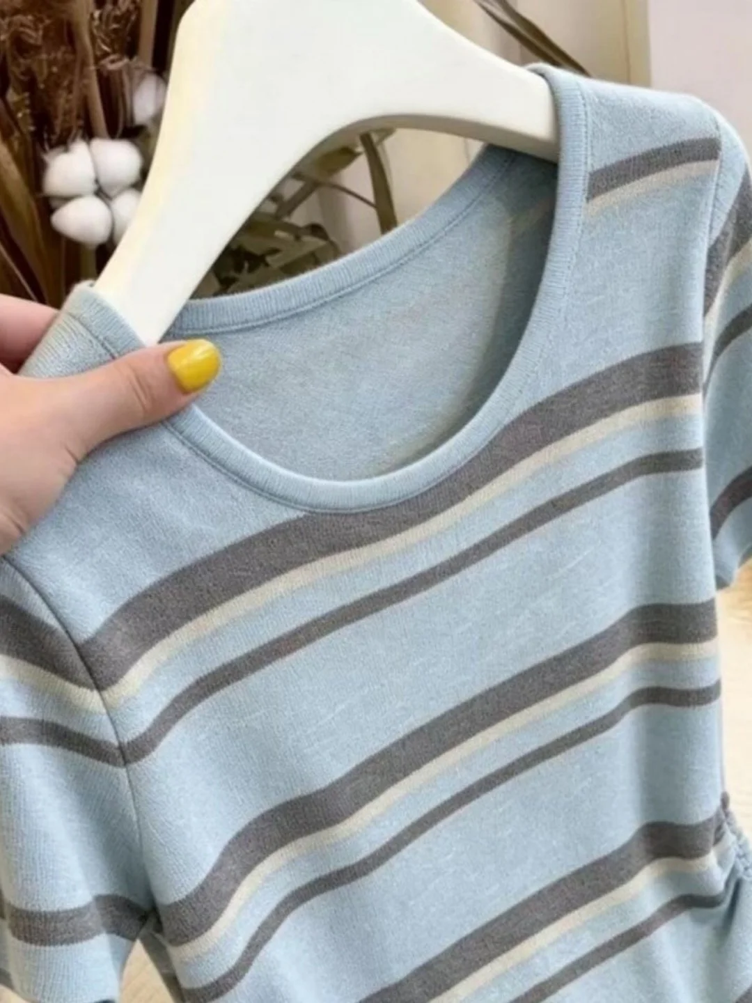 Korean Style Striped Short Sleeve Knitted Sweater Women's Summer plus Size Drawstring Slimming Top for Plump MM