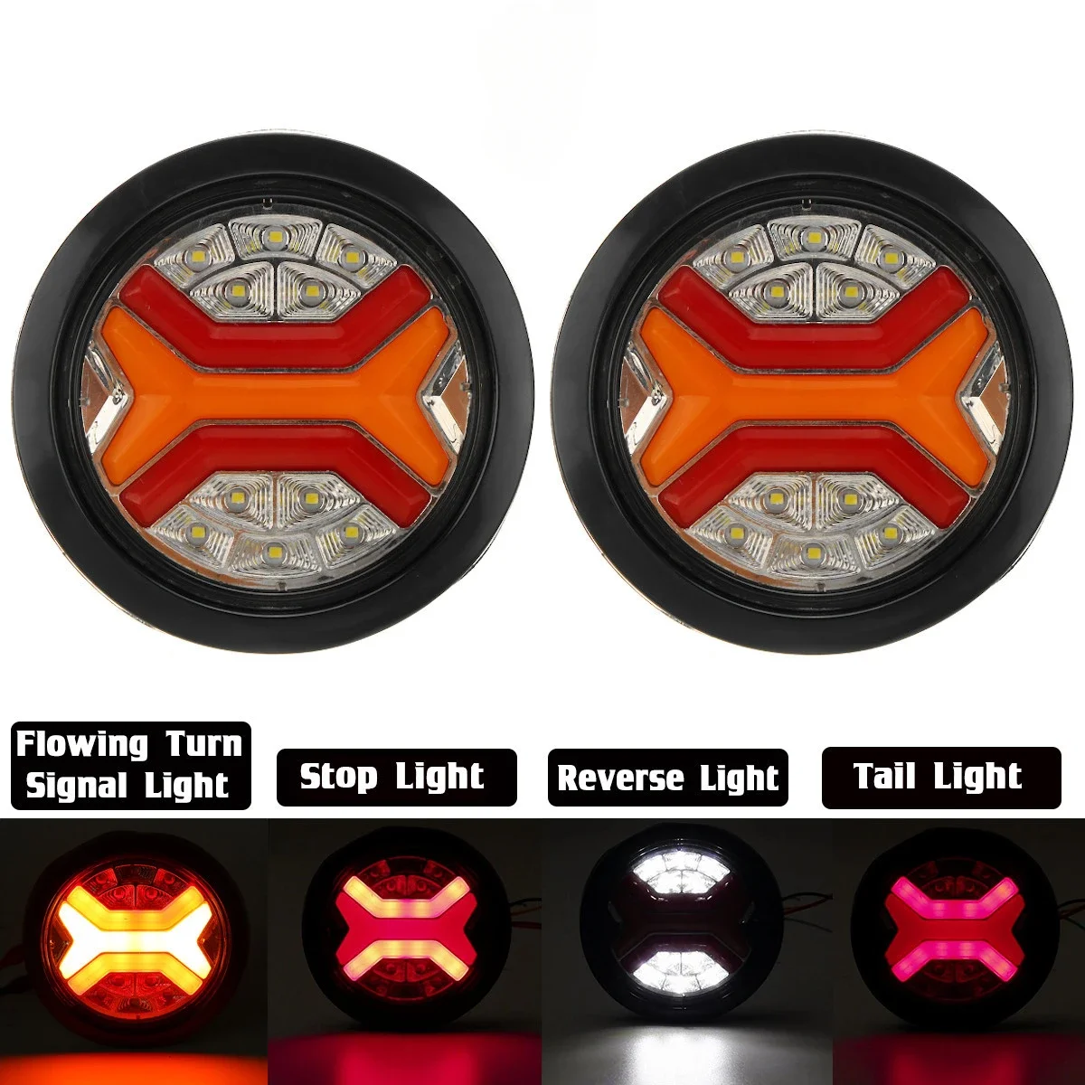 2PCS 12V 24V Truck Trailer LED Round Dynamic Tail Side Marker Turn Light  Warning Reverse Stop Indicator Waterproof RV Van Lorry