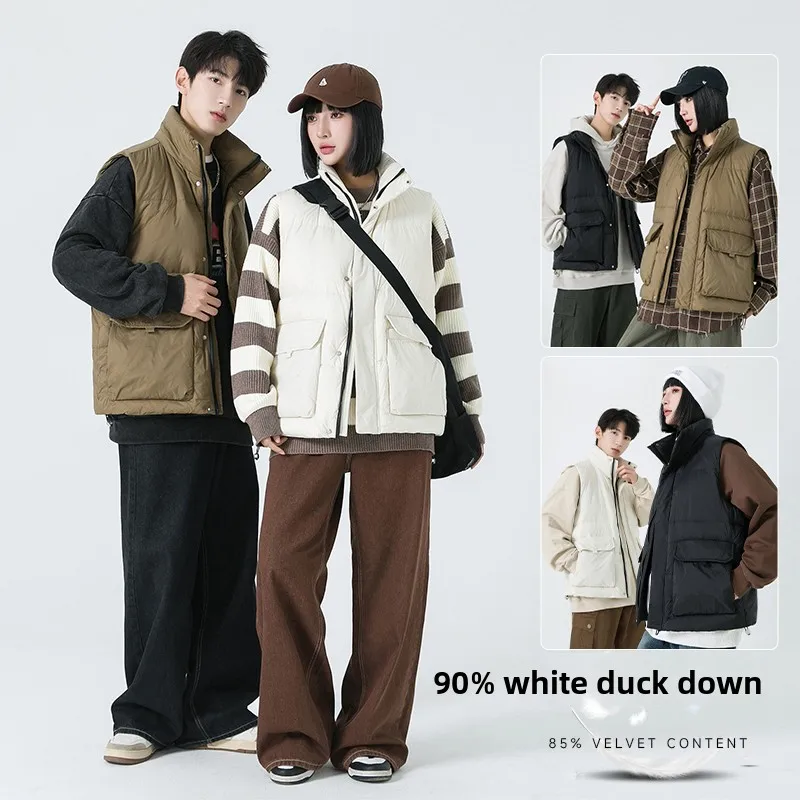 

White Duck Down Vest Sleeveless Unisex Stand Collar Casual Streetwear Winter Puffer Jacket