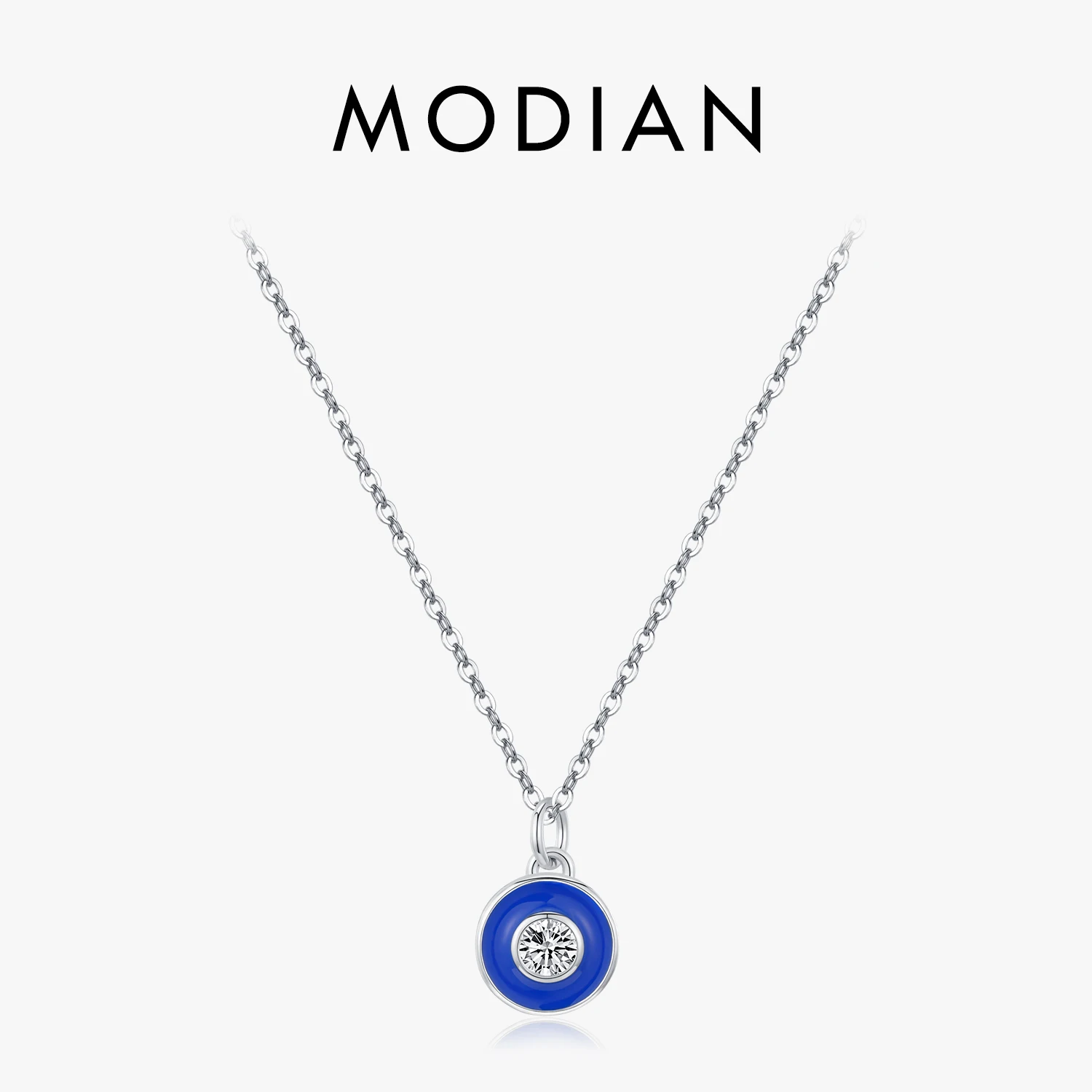 MODIAN Klein Blue Enamel Round Pendant 925 Sterling Silver Trendy Round CZ Chain Necklaces For Women Fine Jewelry