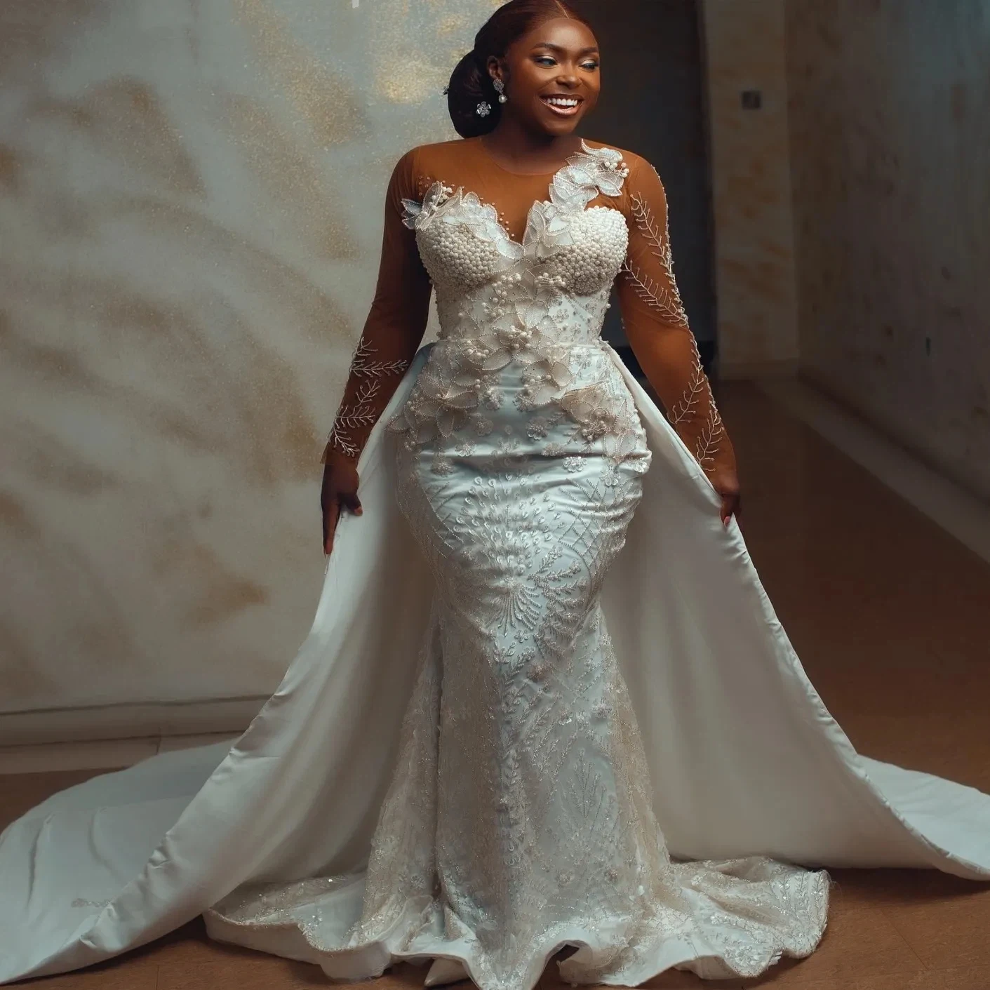 

Роскошное африканское свадебное платье-русалка с кружевом и жемчужным декором, сексуальное прозрачное декольте, свадебное платье Vestido De Noiva, индивидуальный пошив