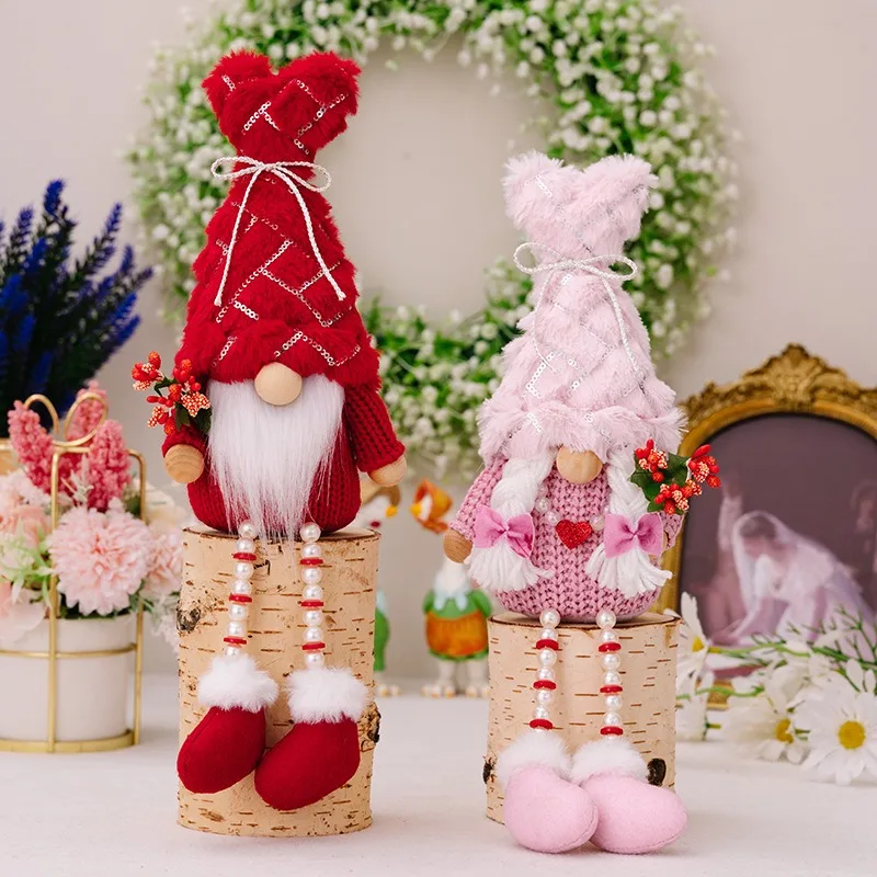 Valentine's Day Couple Gift Doll Sequined Plush Hat Midget Doll Pearl Hanging Leg Design Festive Atmosphere Decorative Pendant