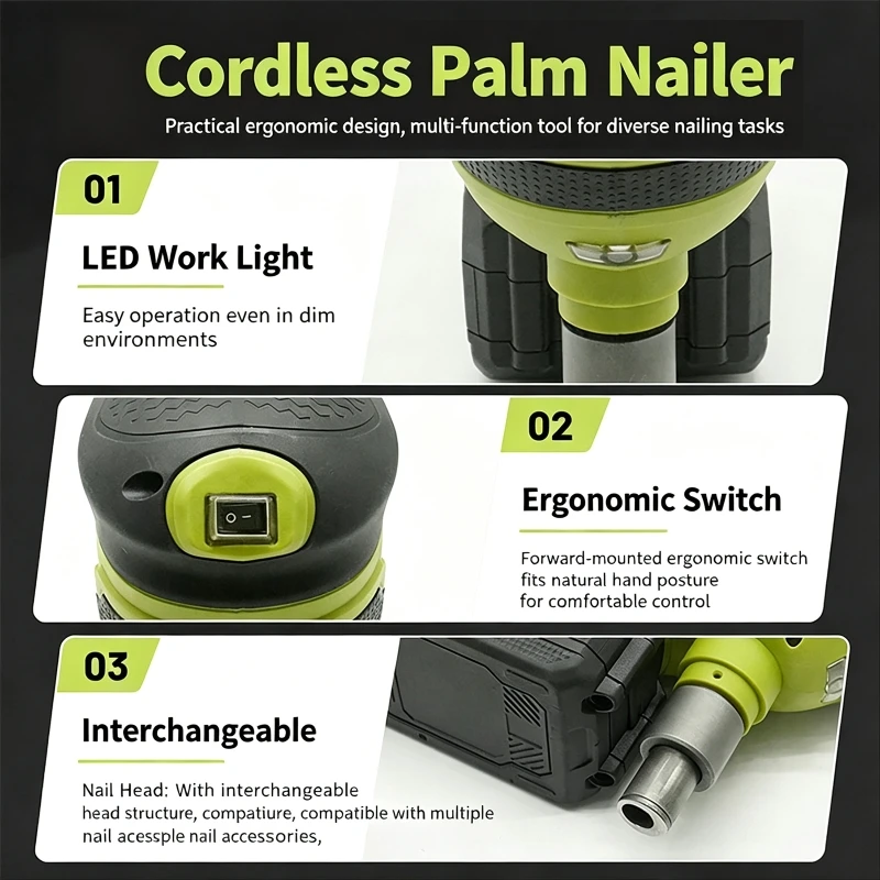21V Brushless Electric Palm Nailer with Nail Heads Rechargeable Woodworking Nail Gun Compatible with Makita 18V Battery Pin