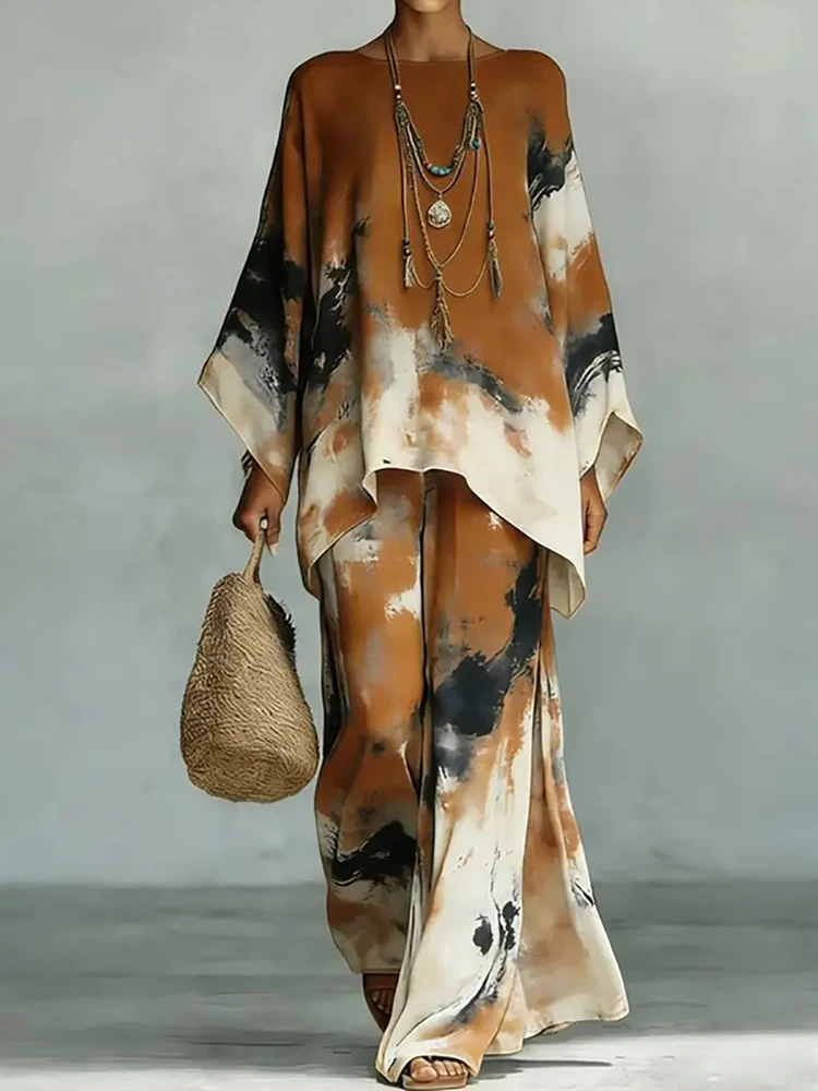 

Новый женский свободный комплект из двух предметов с пэчворком: топ с круглым вырезом и широкие брюки. Простой элегантный уличный стиль. Весна-лето 2026.