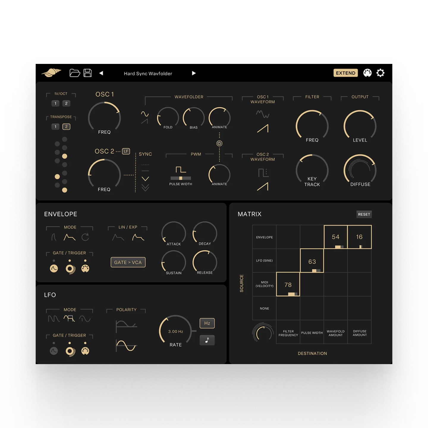 Instruo Seashell analog synthesizer, portable numerical control MIDI control, preset callback