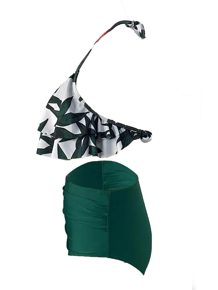 Tankini-badpakken voor dames Gelaagd Ruches Ruglooze Groen Blad Mouwloos Halter Tops met shorts 2-delige set Badpak