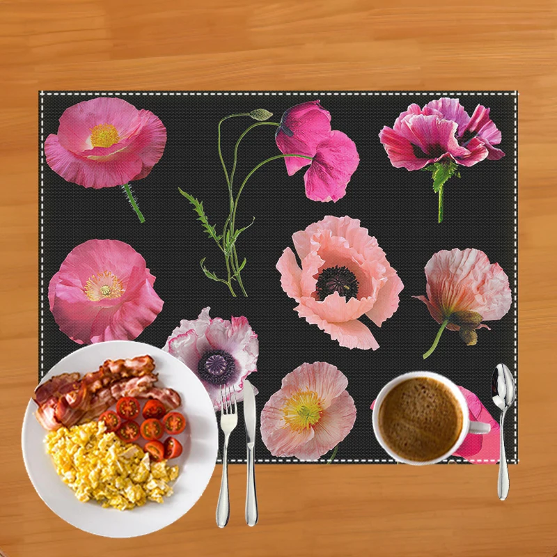 Fashion Red Poppy Flowers Print Table Mats for Dining Coffee Cup Coaster Linen Placemat Kitchen Accessories Dish Drying Pads