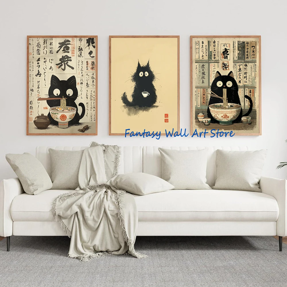 Japanese Cat Art Whimsical Poster Vintage Wall Art Cat Lover Living Room Home Kitchen Decor Eating Ramen Canvas Printing Decor