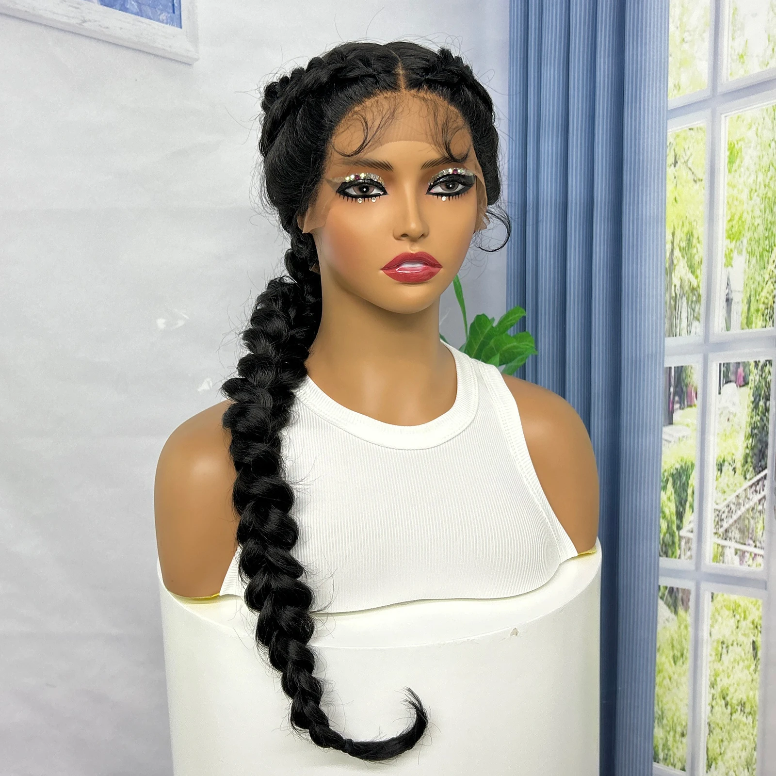 Ponytail Braided Wigs Synthetic Lace Front Cornrow Braided Wigs for Black Women with Baby Hair Natural Color Knotless Wigs