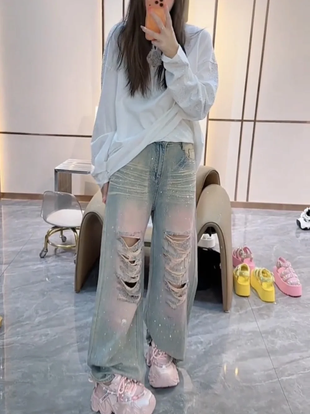 

American Heavy Duty Rhinestone Cheekbone High Waist Straight Leg Denim Jeans Women's New 2026 High Street Loose Wide Leg Pants