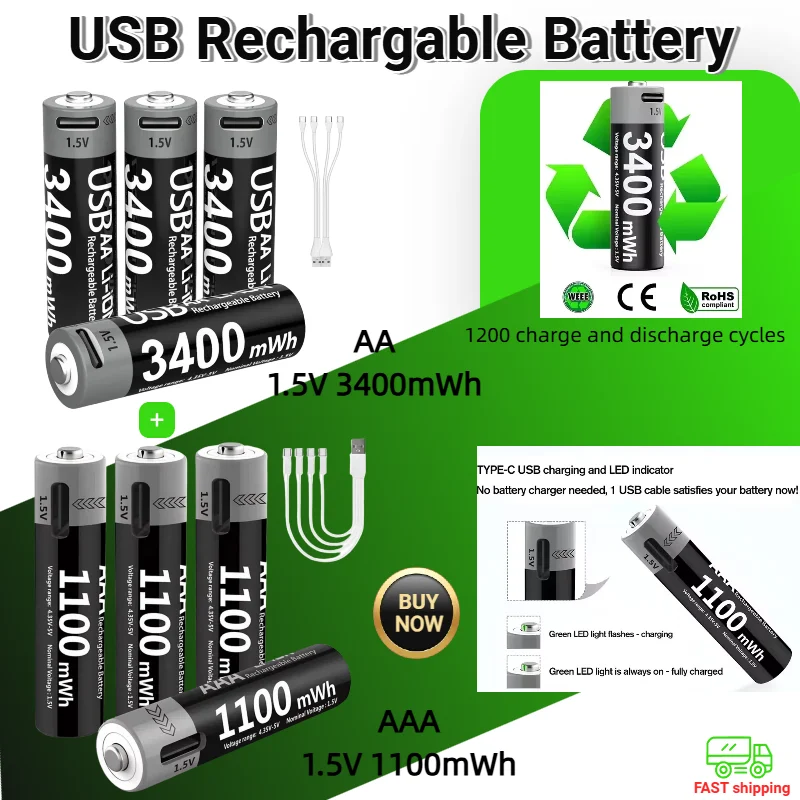 

1.5V AA/AAA Rechargeable Batteries USB Lithium-Ion 3400mWh AA+1100mWh AAA Battery Fast Charging Power Pack for Electronics