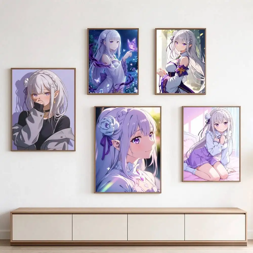 Anime R-Re Zero E-Emilia  Poster Waterproof Wall Art Sticker For Bar Living Room Vintage Decor High Quality Print Gift